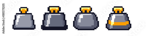 Pixel art collection of four different potion bottles with golden caps