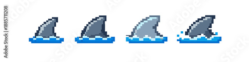 Pixel art shark fins emerging from blue water in a sequence