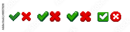 Pixelated checkmarks and crosses icons representing choices and decisions