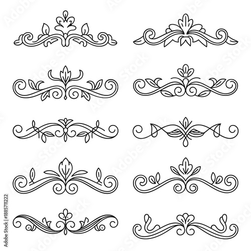 Elegant floral ornaments and decorative swirls in black and white design