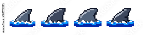 Pixel art shark fins emerging from blue water with white foam