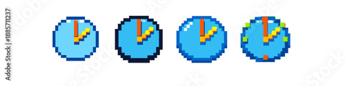Collection of pixel art clocks showing different times and styles