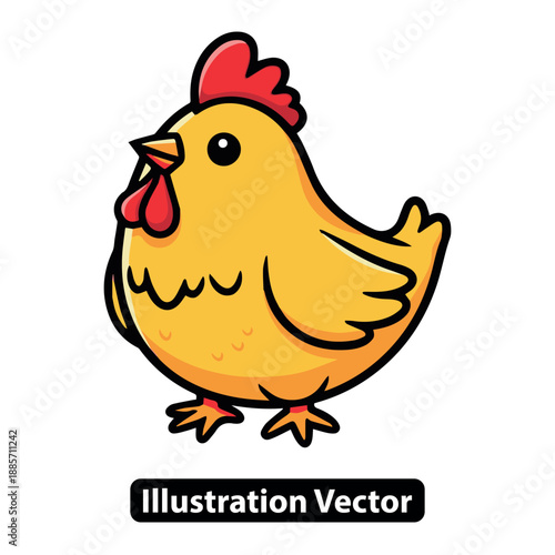 A cartoon chicken standing proudly with vibrant yellow feathers in a farmyard illustration from a side view