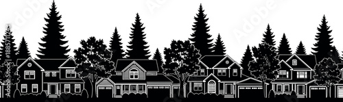 Suburban neighborhood skyline silhouette with residential houses trees and pine forest isolated on white background urban landscape illustration design