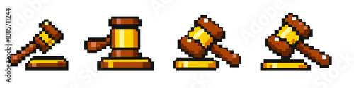 Pixel art gavel icons in various orientations for legal and auction themes