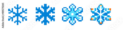 Collection of four pixel art snowflakes in varying shades of blue and white