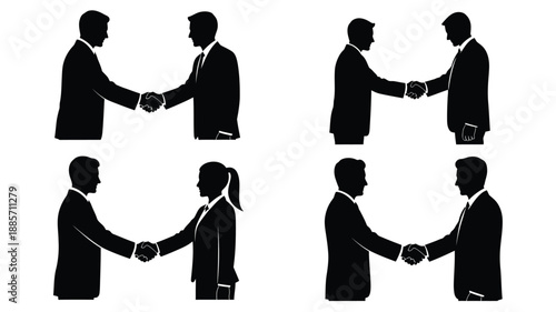 Four pairs of businesspeople shaking hands a stark black silhouette