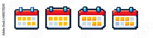 Pixel art calendars showing different days marked, retro game style