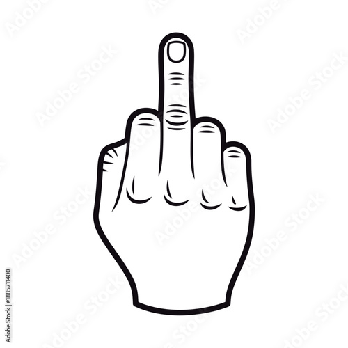 A black and white illustration of a hand displaying the middle finger