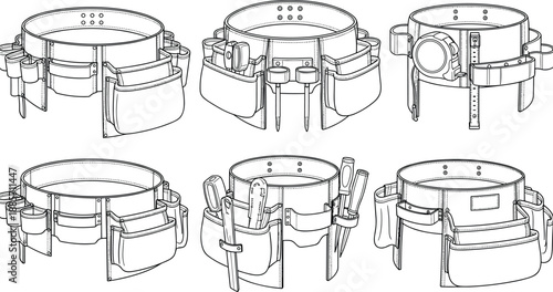 Tool belt technical line illustration set showing utility waist belts with pockets, pouches, hammer loops, and hand tools from multiple angles