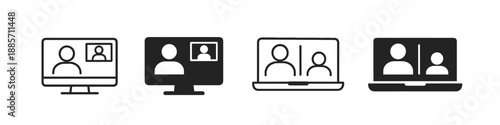 Video call icons on desktop and laptop screens, representing online communication