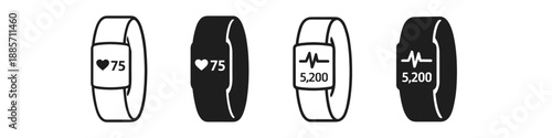 Fitness trackers displaying heart rate and step count icons on white background