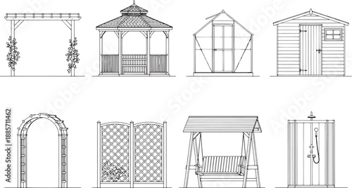 A collection of garden structures in a black and white architectural style, showcasing an array of outdoor designs.