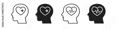 Human head profiles with heart icons representing health and wellness concepts