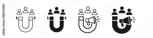 Customer acquisition icons: magnet attracting people and megaphone outreach