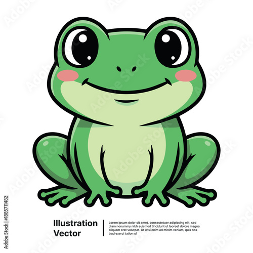 A cartoon frog with big eyes smiling, sitting on the ground, vector illustration, front view, cute, green, amphibian