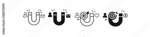 Magnet icons attracting people, mail, targets, hearts, and money for business growth