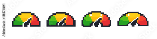 Pixel art gauge indicators showing different levels of performance from low to high