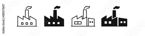 Set of factory icons with smoking chimneys, representing industry and manufacturing processes