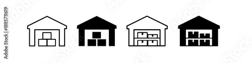 Warehouse icons showing storage units with boxes in different styles and colors