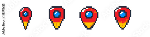 Pixel art rocket icons with different exhaust flames and shapes for game design