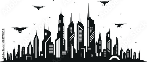 Futuristic city skyline silhouette with autonomous flying drones over modern high rise urban architecture