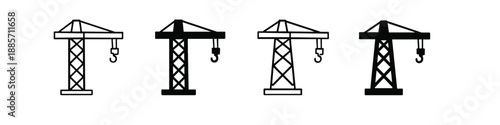Set of four construction tower crane icons in black and white outline and solid fill styles