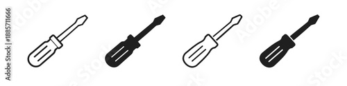 Set of four screwdriver icons in line art and silhouette styles for design