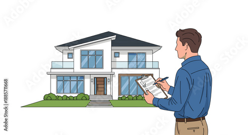 This illustration features a real estate agent or home inspector holding a clipboard with a checklist, standing confidently in front of a stylish modern house.