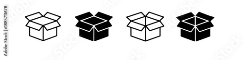 Set of four open cardboard box icons in outline and solid fill styles