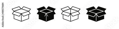 Set of four open cardboard box icons in outline and solid fill styles