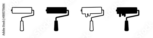 Set of four paint roller icons showing clean and dripping paint in black and white