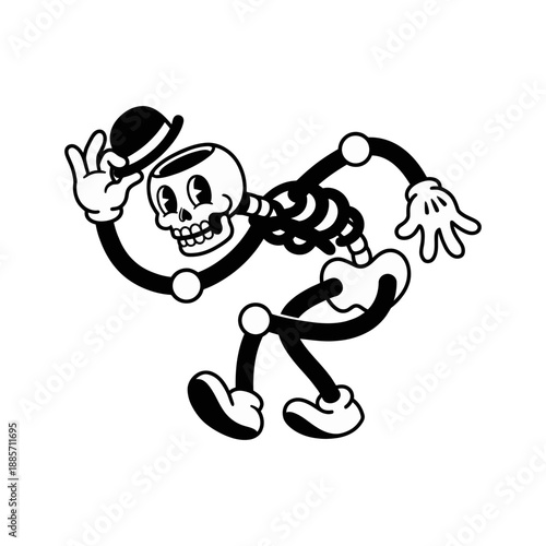 Funny retro 30s cartoon skeleton mascot character running and tipping hat with open empty skull. Black and white vintage rubber hose animation style illustration.