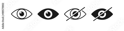 Eye visibility and privacy icon set showing visible and hidden eye symbols in flat monochrome