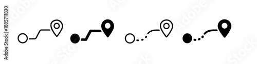 Set of four route and location map pin icons with different styles and line types