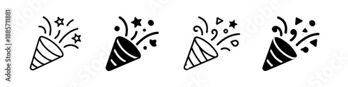 Set of four confetti popper icons with stars and streamers for celebrations