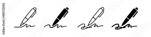 Set of four pen icons showing writing and signing with outline and solid fill styles