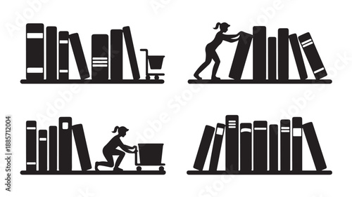 Book Shelf Silhouettes with People Shopping and Reading