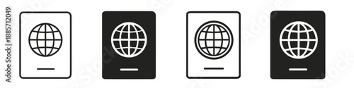 Set of passport icons with globe symbol for international travel and identification