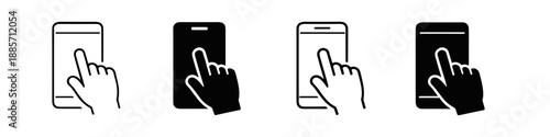 Set of four smartphone icons with finger tap gesture in outline and solid styles