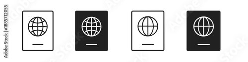 Set of passport icons with globe symbol in outline and solid styles
