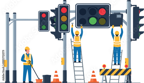 Traffic signal maintenance workers repairing street lights at urban intersection, road safety equipment, professional municipal service illustration on white background