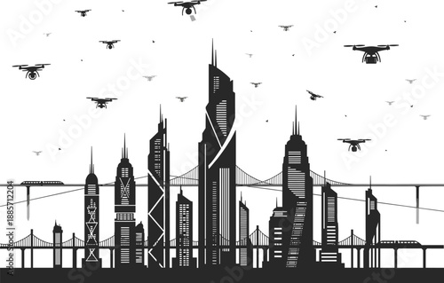 Futuristic urban skyline with autonomous delivery drones flying above modern suspension bridge cityscape