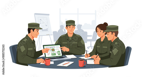 This collaborative illustration features a group of soldiers in military uniforms gathered around a table, actively participating in a meeting and reviewing information on a laptop.