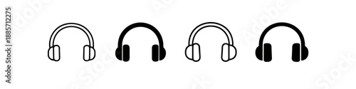 Set of four headphone icons in black and white outline and solid fill styles