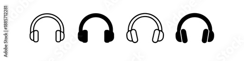 Set of four headphone icons, two outlined and two solid black, on a white background