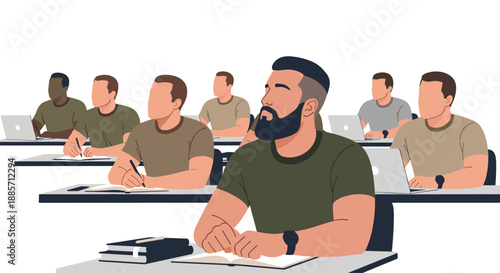 This educational illustration shows a group of diverse soldiers in uniform sitting in a classroom, attentively listening to a lecture or engaging with laptops, representing military training.