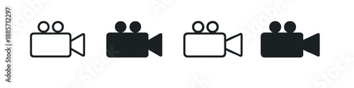 Set of vintage film camera icons in outline and solid black styles