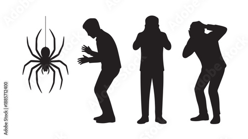 Scared People Reacting to Hanging Black Spider Silhouette on White Background