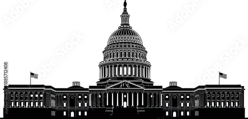 United States Capitol building silhouette illustration with iconic dome architecture, Washington DC landmark government structure in black vector style for political and historical design use